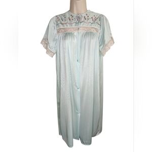 Vintage 1950s-60s Aqua Nylon Bed Jacket Peignoir Robe Lace Embroidery Small Med